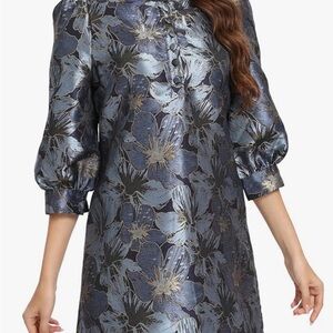 Jacquard Floral Metallic Dress with Puff Sleeves
